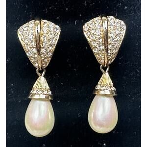 VIntage Women Baroque Teardrop Pearls Rhinestones Earrings Wedding Bride Gold